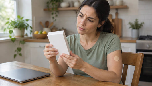 Woman at a kitchen table studying a plain white box, with a round beige patch on her upper arm