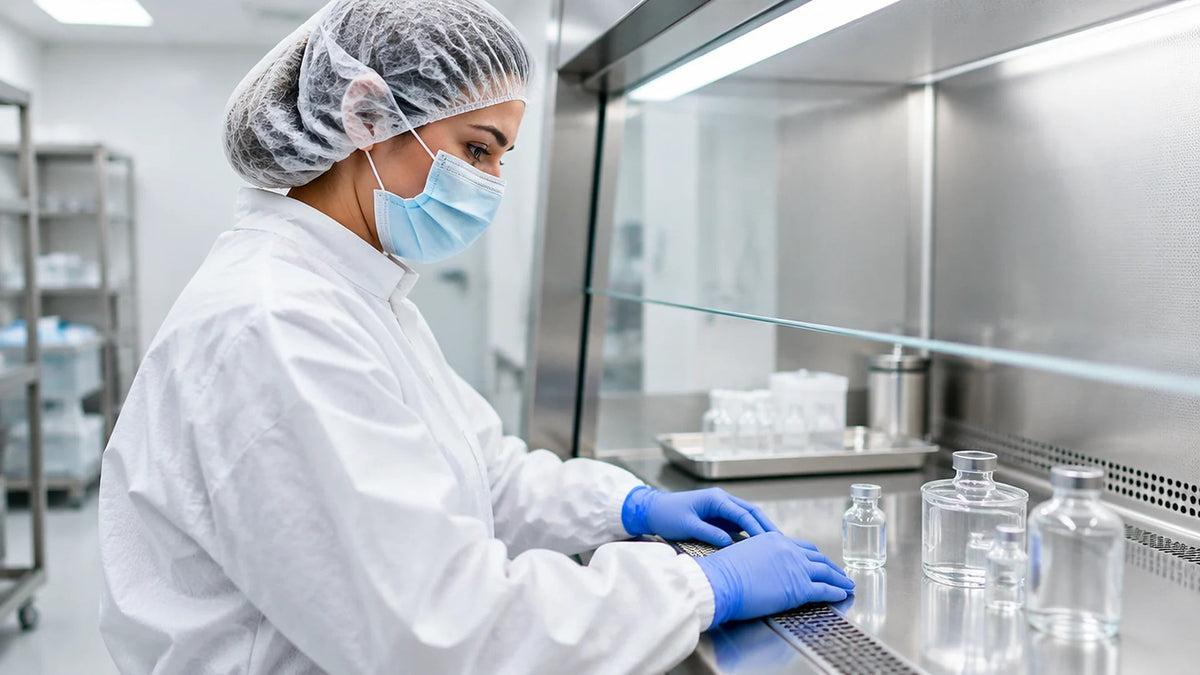 Pharmacist in a white gown, hair cover, mask, and blue gloves working at a stainless steel sterile compounding hood with small clear glass containers