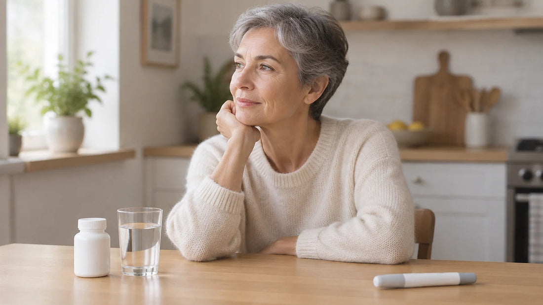 Woman at a kitchen table with a daily pill bottle on one side and a weekly injection pen on the other