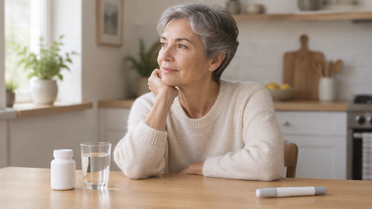 Woman at a kitchen table with a daily pill bottle on one side and a weekly injection pen on the other