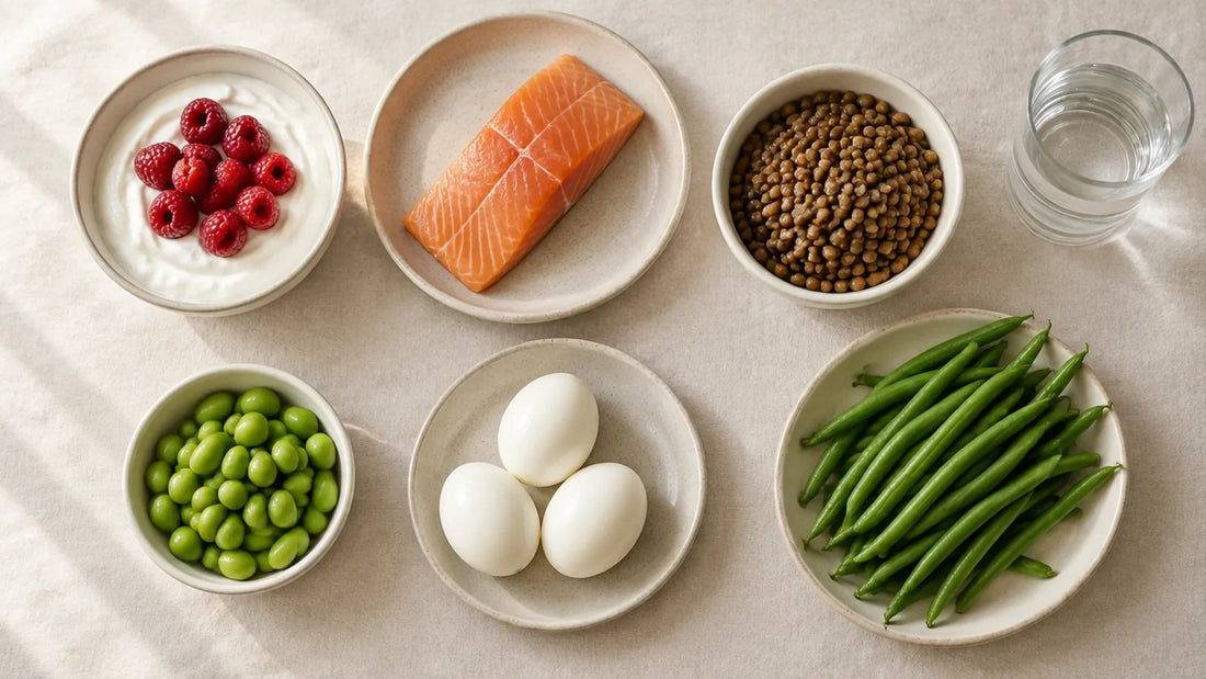 A spread of GLP-1 diet foods: Greek yogurt with raspberries, salmon, eggs, lentils, edamame, green beans and a glass of water