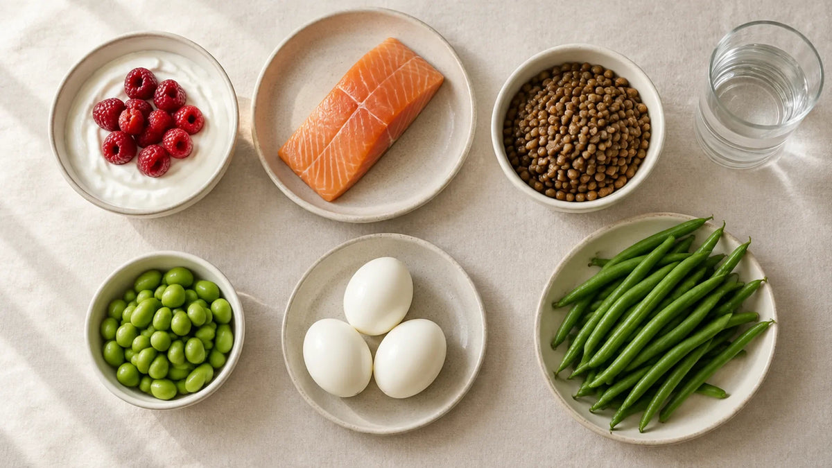 A spread of GLP-1 diet foods: Greek yogurt with raspberries, salmon, eggs, lentils, edamame, green beans and a glass of water