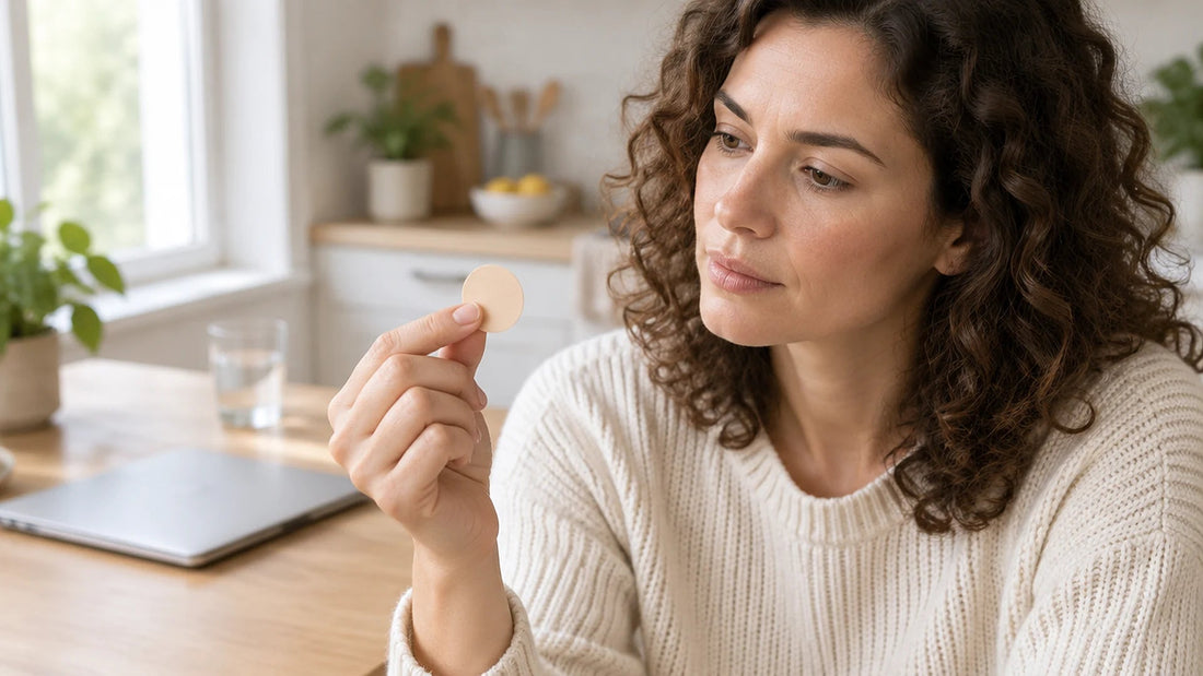 Woman at a sunny kitchen table holding a small plain beige adhesive patch between two fingers and looking at it closely