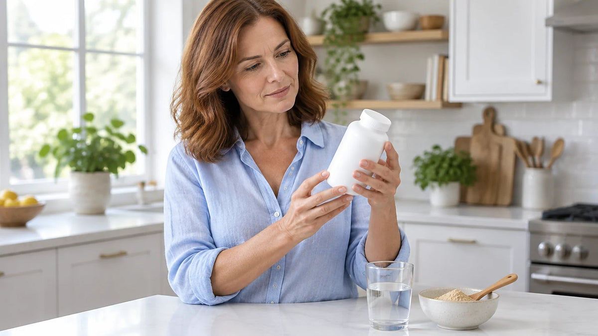 Woman in her 40s looking closely at a plain white supplement bottle in a bright kitchen, with a glass of water and a small bowl of beige powder on the counter