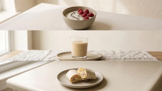 Three high-protein GLP-1 breakfasts: a Greek yogurt bowl with raspberries, a banana protein smoothie, and a turkey and egg wrap cut in half