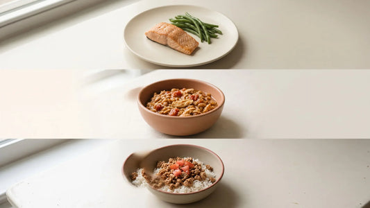 Three high-protein GLP-1 dinners: sheet-pan salmon with green beans, slow-cooker chicken chili, and a ground turkey taco bowl