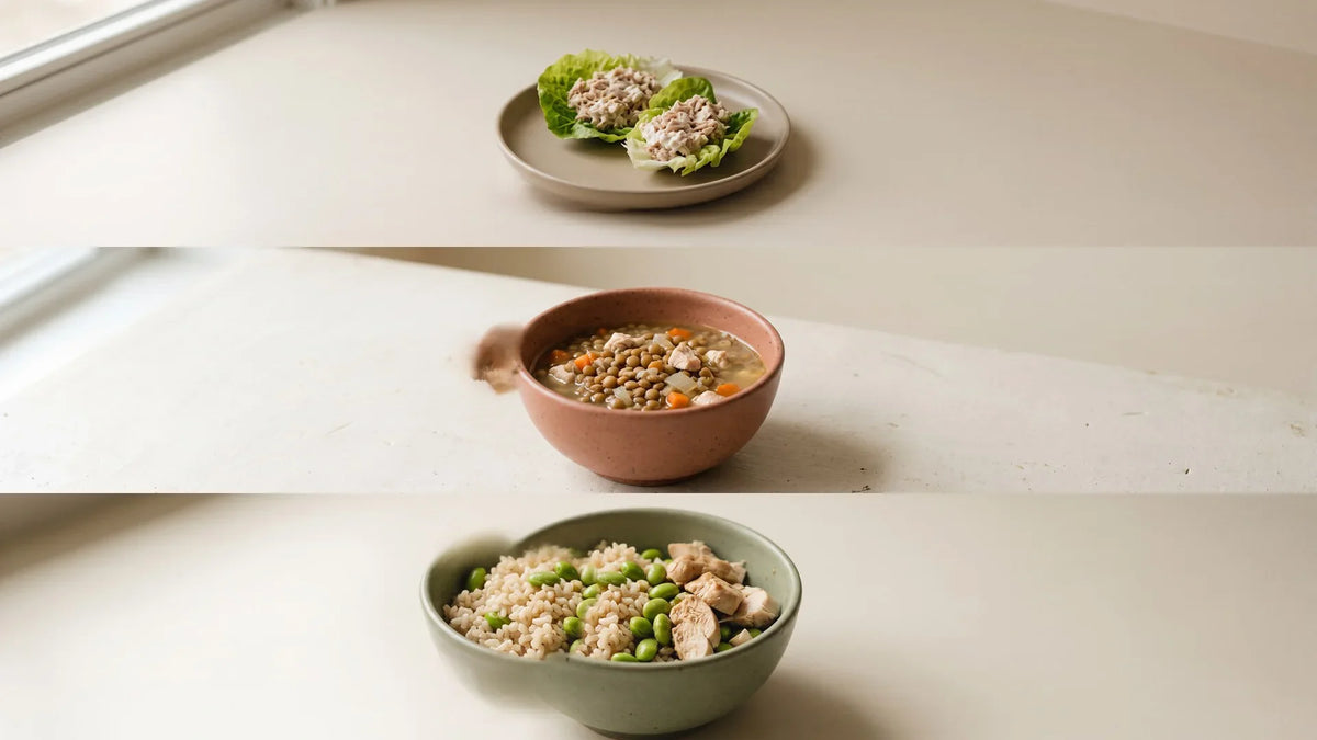 Three high-protein GLP-1 lunches: tuna salad lettuce cups, lentil and chicken soup, and an edamame and chicken grain bowl