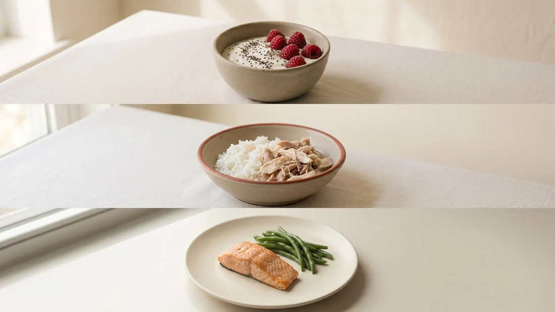 One GLP-1 meal plan day: a Greek yogurt bowl, a rotisserie chicken and rice bowl, and sheet-pan salmon with green beans