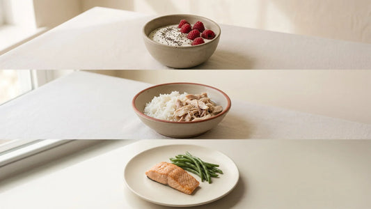 One GLP-1 meal plan day: a Greek yogurt bowl, a rotisserie chicken and rice bowl, and sheet-pan salmon with green beans