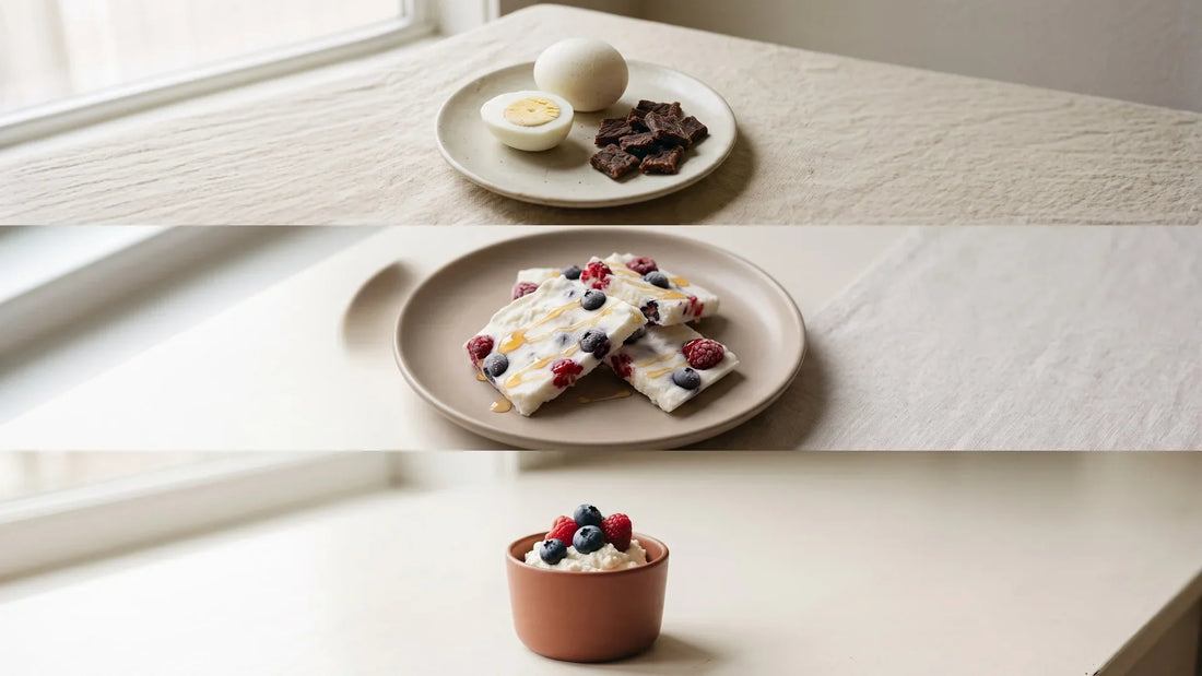 Three high-protein GLP-1 snacks: an egg and beef jerky plate, frozen Greek yogurt bark with berries, and a ricotta cup topped with berries