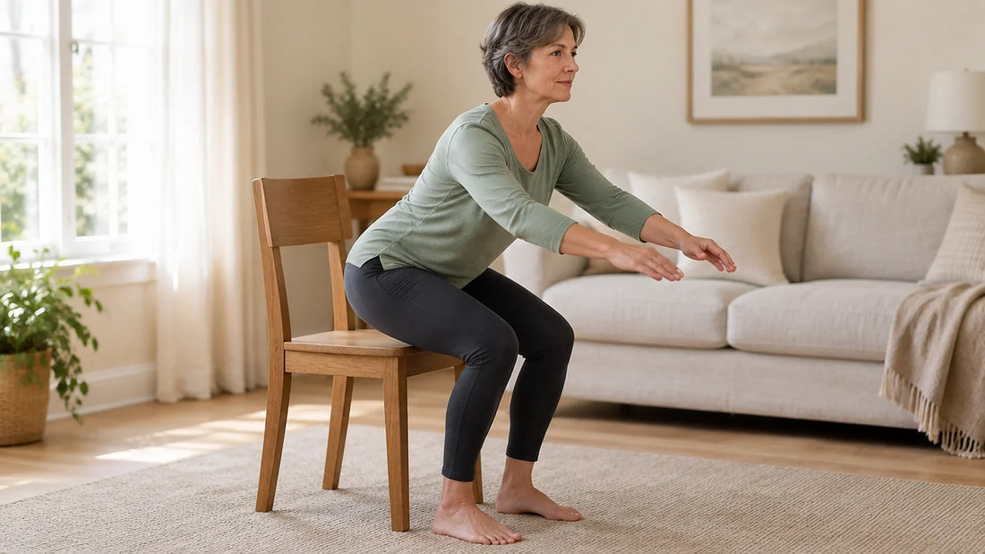 A woman in her fifties rising from a wooden chair in a sit-to-stand exercise in a bright living room