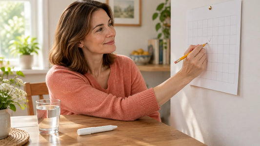 Woman at a sunny kitchen table marking a paper wall calendar with a pencil, with a capped white injection pen and a glass of water on the table