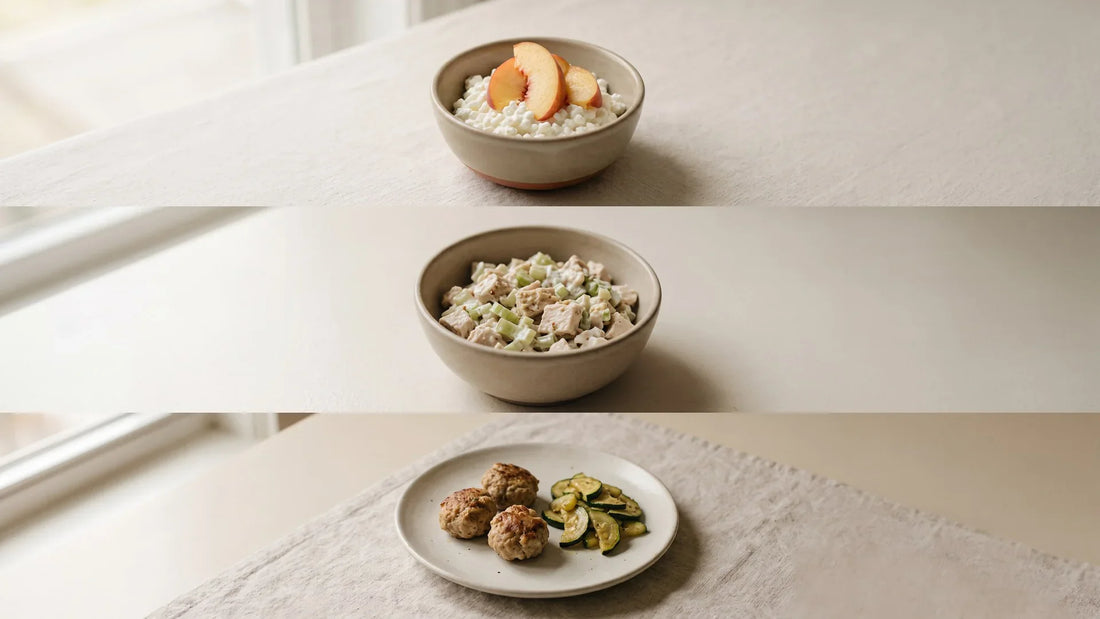High-protein foods for GLP-1: a cottage cheese and peach cup, Greek yogurt chicken salad, and turkey meatballs with zucchini