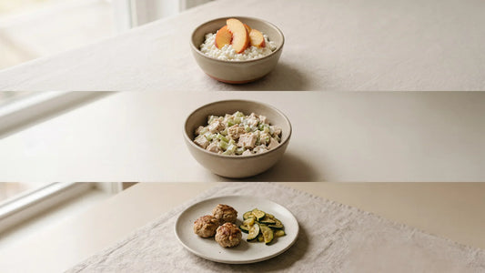 High-protein foods for GLP-1: a cottage cheese and peach cup, Greek yogurt chicken salad, and turkey meatballs with zucchini