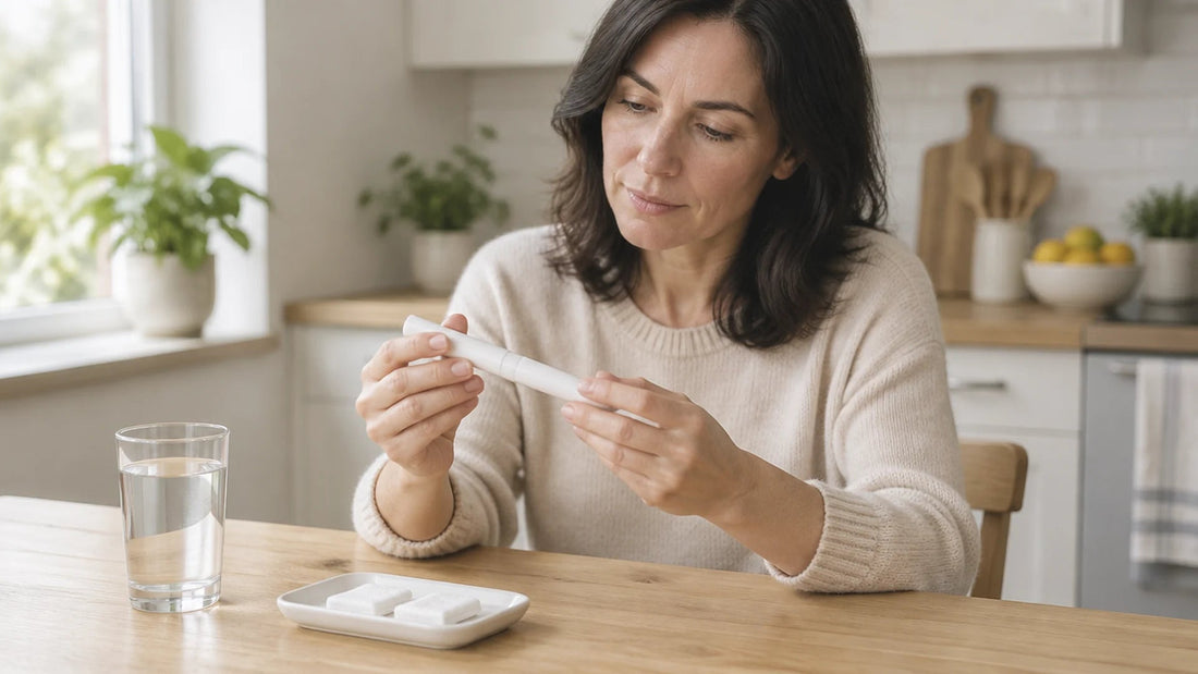 Woman at a kitchen table holding a plain white injection pen, with a glass of water and gauze pads on a small tray