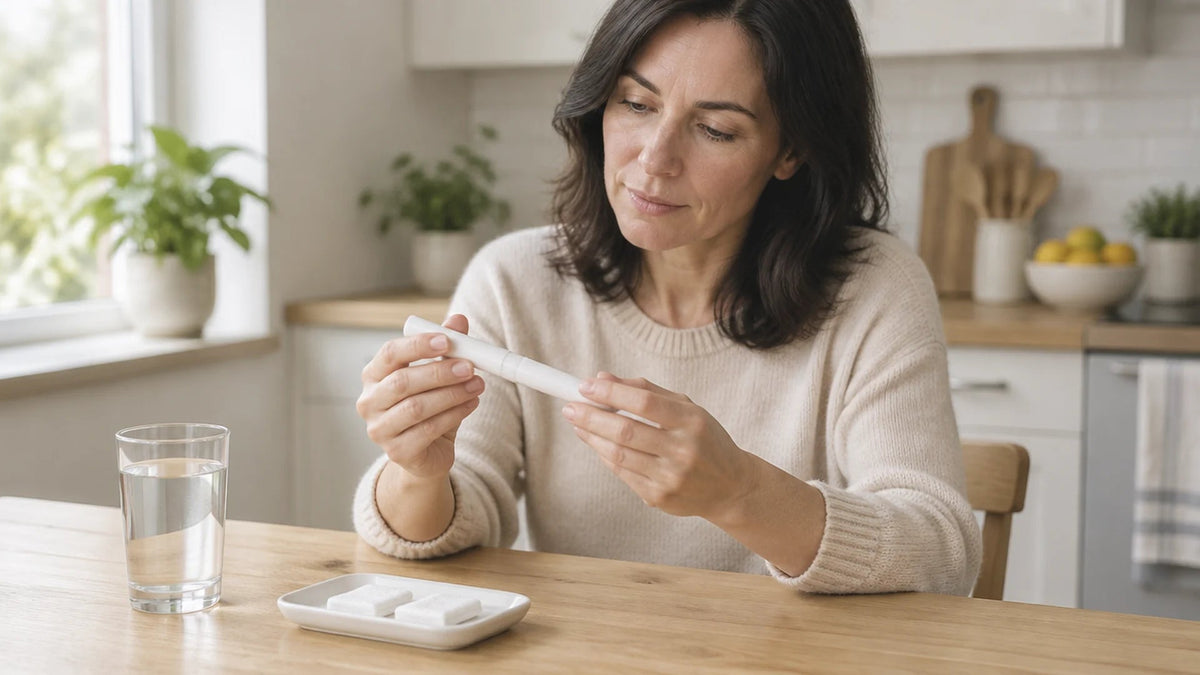 Woman at a kitchen table holding a plain white injection pen, with a glass of water and gauze pads on a small tray