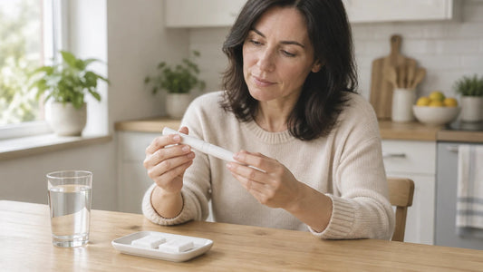 Woman at a kitchen table holding a plain white injection pen, with a glass of water and gauze pads on a small tray