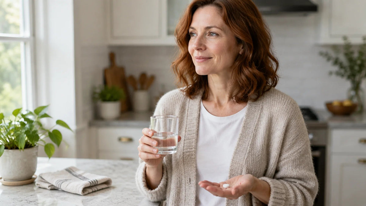 Woman in a kitchen holding a small glass with a little water and one small white tablet in her open palm