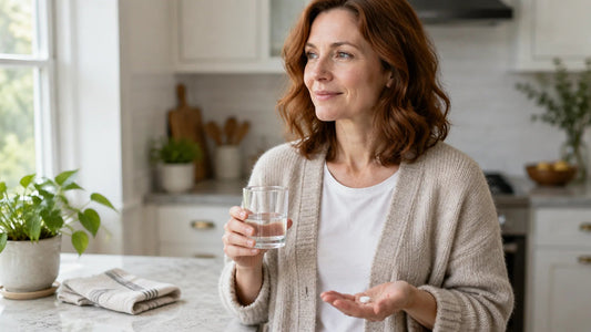 Woman in a kitchen holding a small glass with a little water and one small white tablet in her open palm