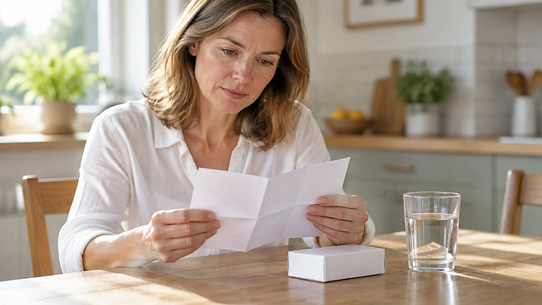 Woman at a sunny kitchen table reading a folded sheet of paper, with a plain white box and a glass of water beside her