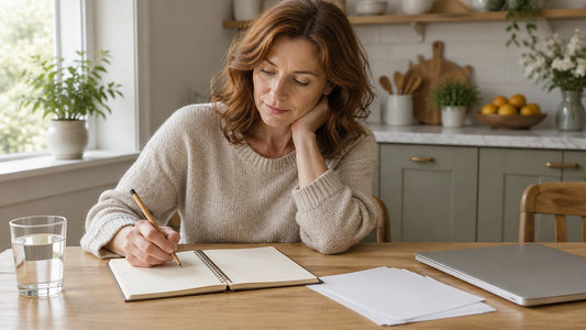 Woman writing in a blank notebook at a kitchen table beside face-down papers, a closed laptop, and a glass of water