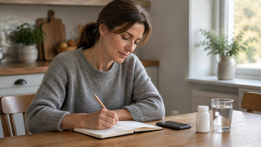 Woman in her 40s writing in a notebook at a kitchen table, with a phone, a plain white pill bottle, and a glass of water beside her