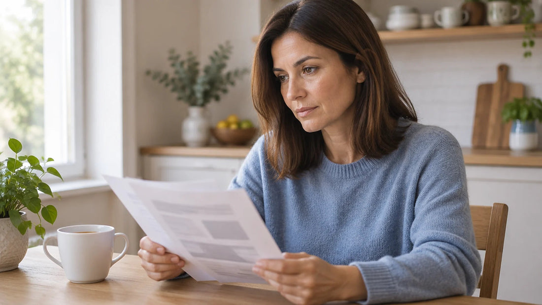Woman in a blue sweater reading printed pages at a kitchen table with a cup of tea