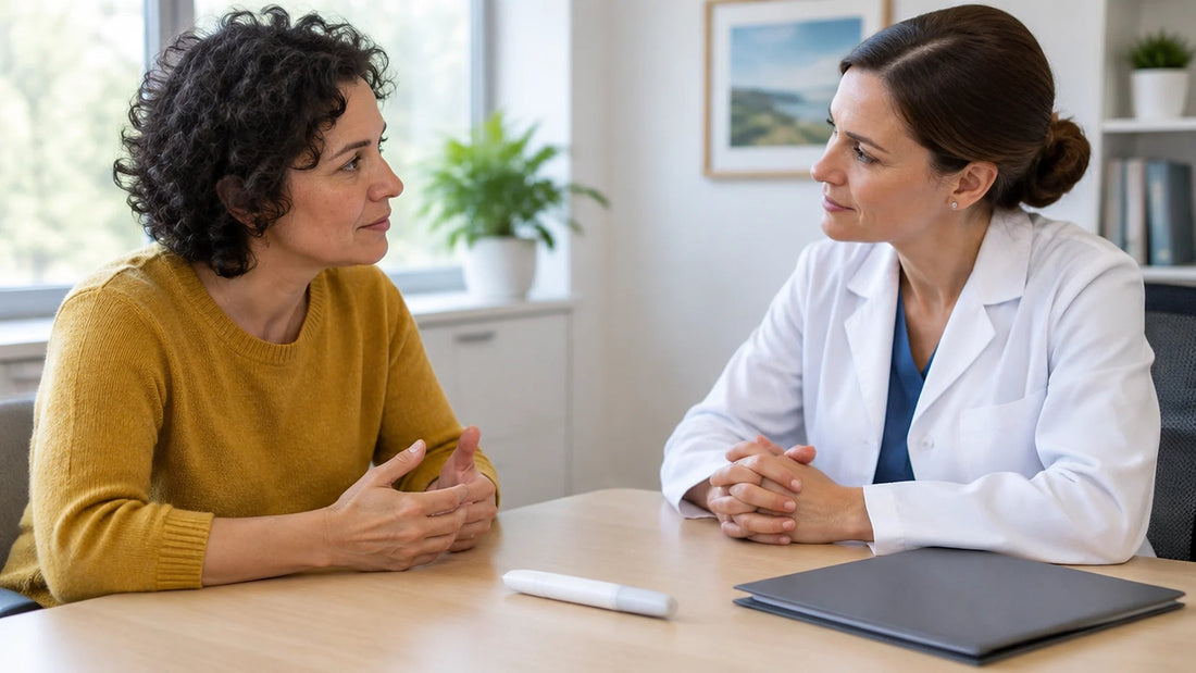 Woman talking with a woman clinician across a desk in a bright consultation room, with a capped white injection pen on the desk