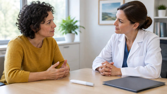 Woman talking with a woman clinician across a desk in a bright consultation room, with a capped white injection pen on the desk