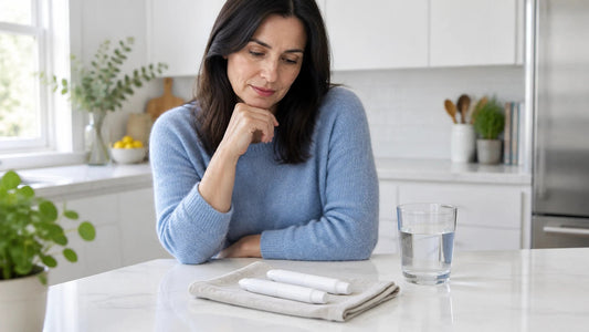 Woman at a bright kitchen counter looking at two plain white capped pens on a folded cloth next to a glass of water