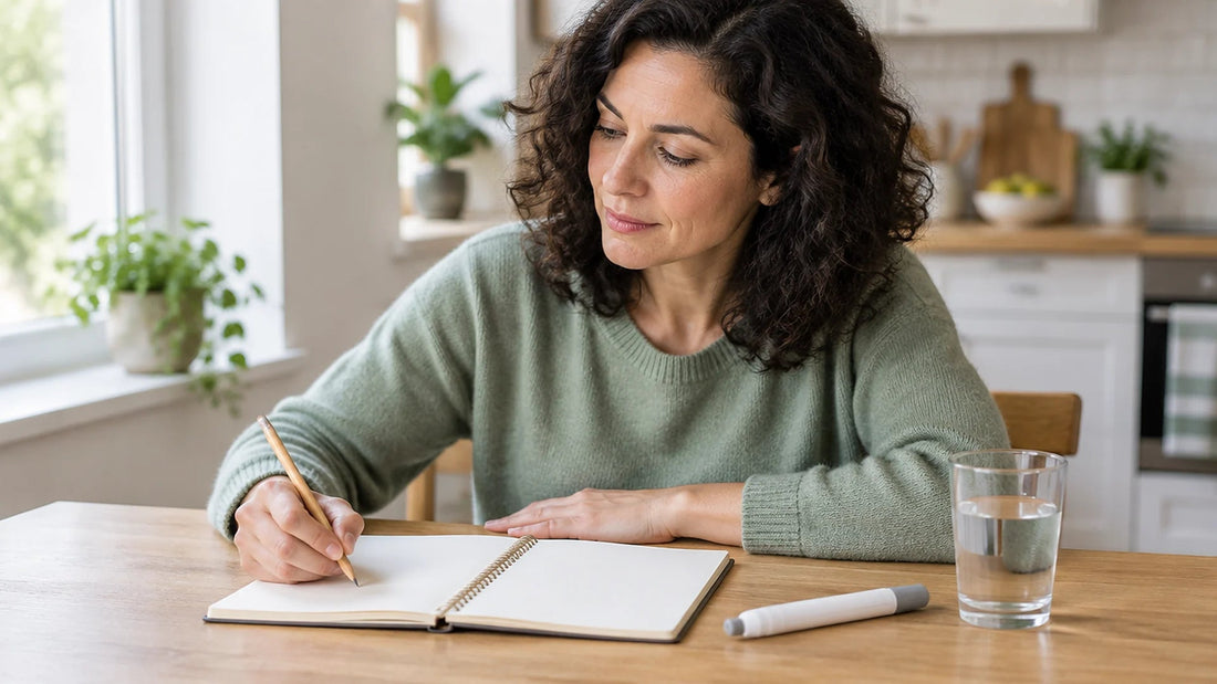 Woman planning her weekly injection schedule in a notebook at a kitchen table, with an injection pen and a glass of water beside her
