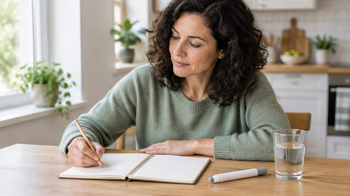 Woman planning her weekly injection schedule in a notebook at a kitchen table, with an injection pen and a glass of water beside her