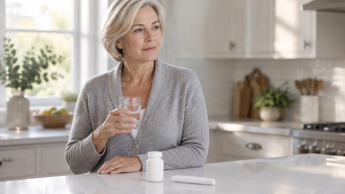 Woman at a bright kitchen counter holding a glass of water, with a plain white pill bottle and a capped white injection pen on the counter