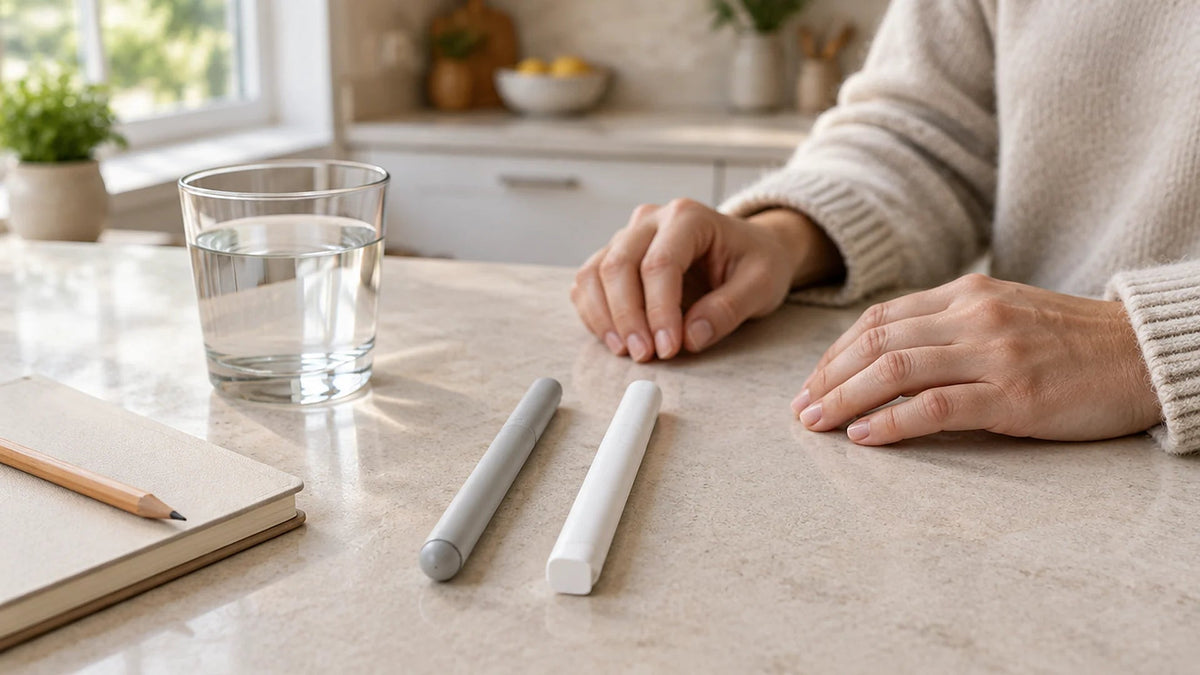 A slim grey injection pen and a white injection pen side by side on a kitchen counter, with a glass of water, a notebook, and a woman's hands nearby