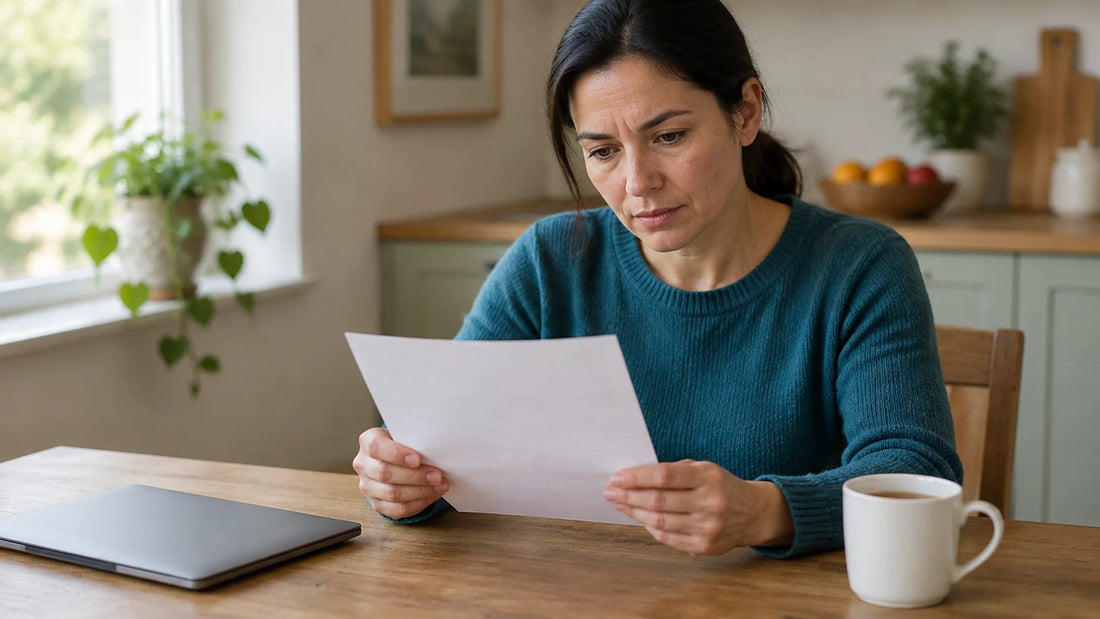 Woman at a kitchen table reading a sheet of paper next to a closed laptop and a mug