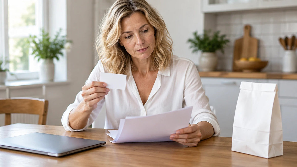Woman in her 40s at a kitchen table holding a blank card and reviewing papers, with a closed laptop and a plain white pharmacy bag beside her