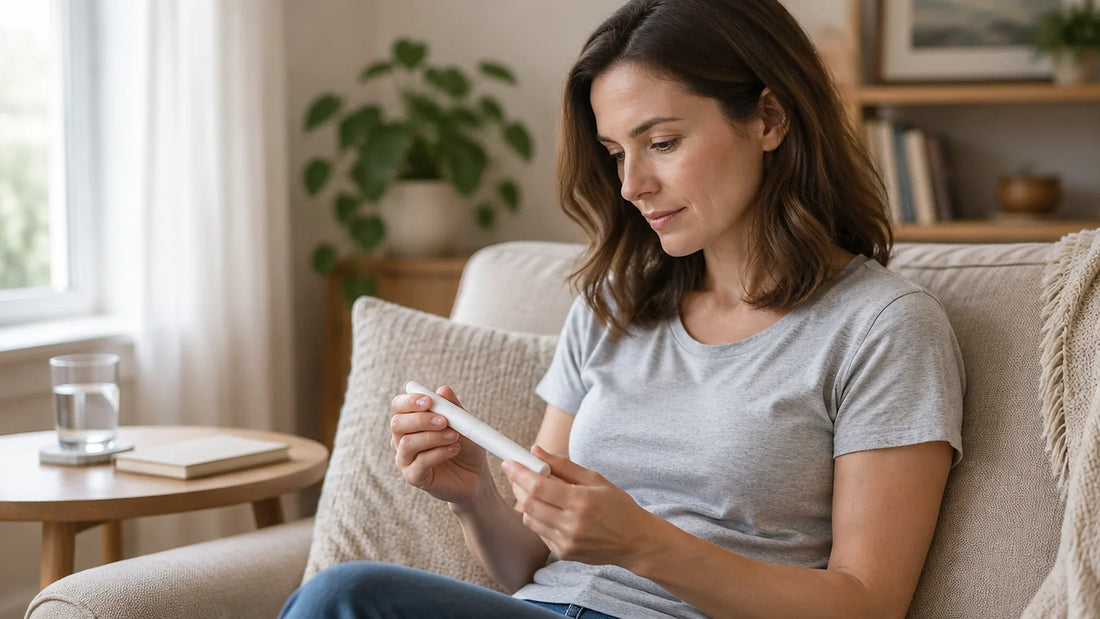 Woman on a couch looking at a plain white injection pen before her weekly shot