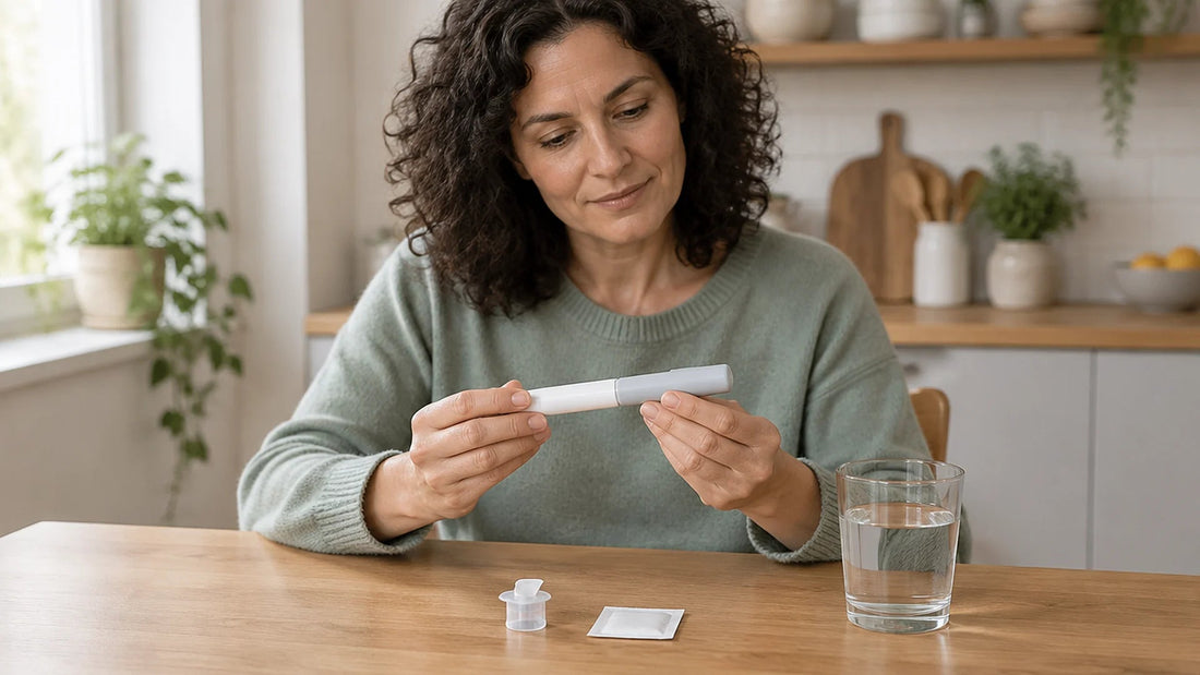 Woman at a kitchen table holding a capped multi-dose injection pen next to a pen needle and alcohol swab