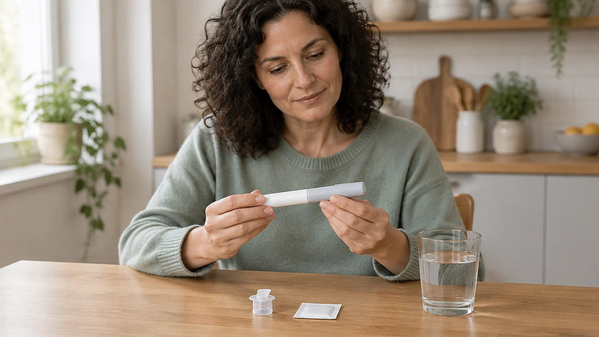 Woman at a kitchen table holding a capped multi-dose injection pen next to a pen needle and alcohol swab