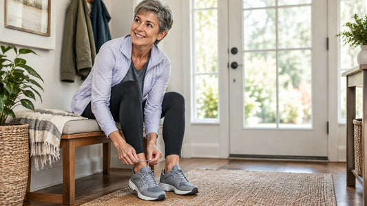 Smiling woman with short gray hair sitting on an entryway bench and tying the laces of gray walking shoes