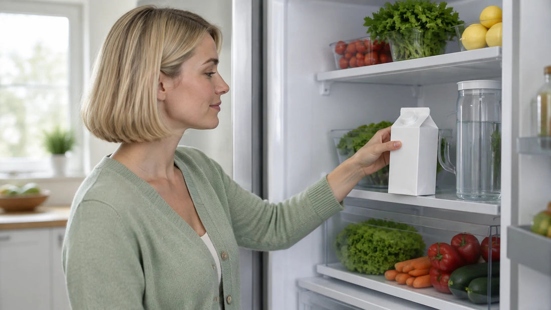 Woman reaching for a plain white carton on the middle shelf of an open refrigerator stocked with vegetables