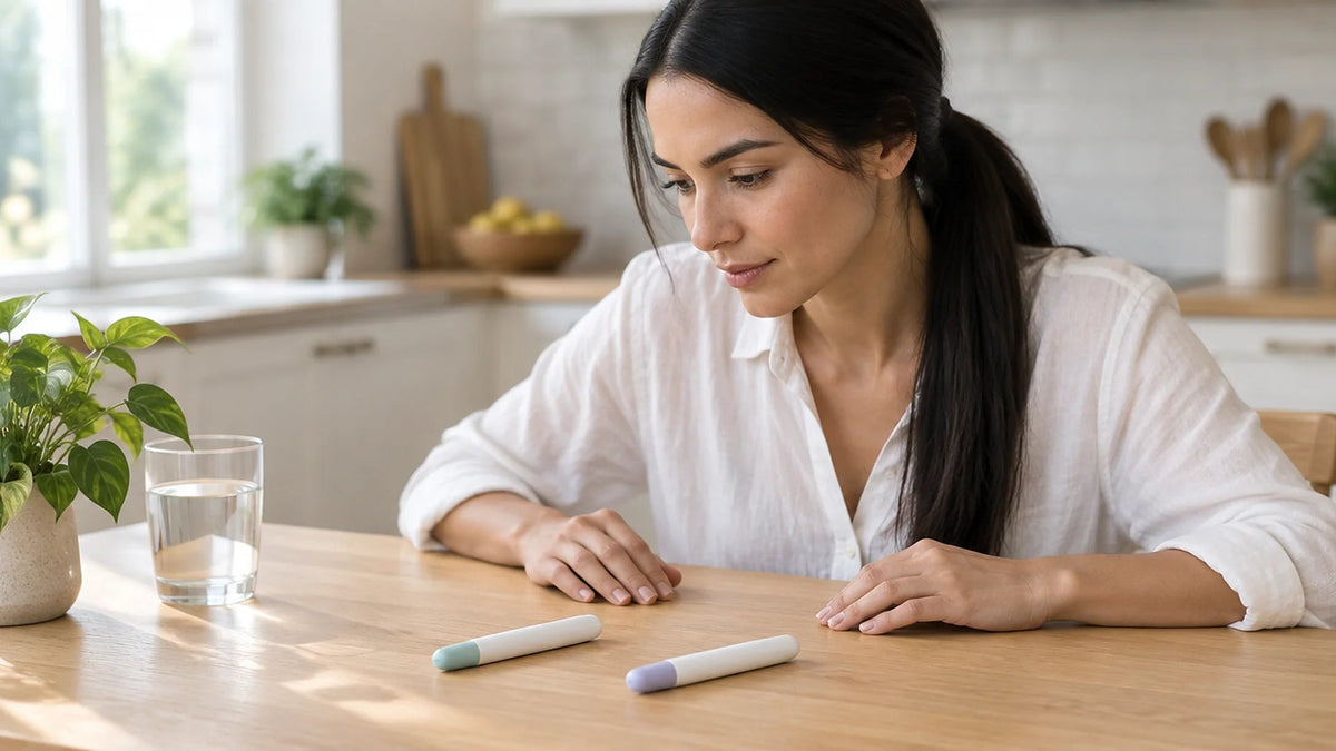 Woman comparing two identical unbranded weekly injection pens at a kitchen table