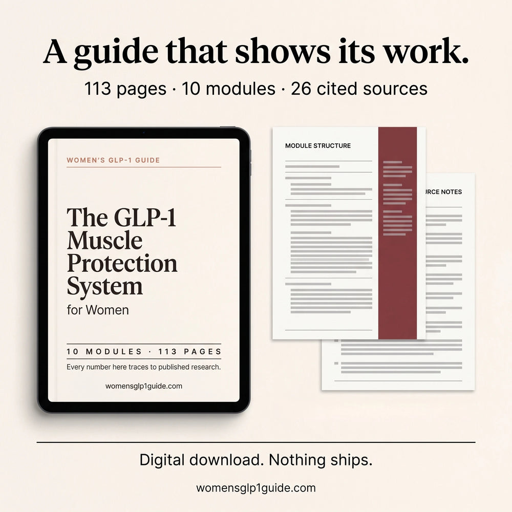 The 113-page GLP-1 guide for women on a tablet, showing its 10 modules and cited-source structure