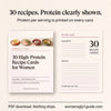 30 high-protein GLP-1 recipe cards, each printing the protein per serving on the card