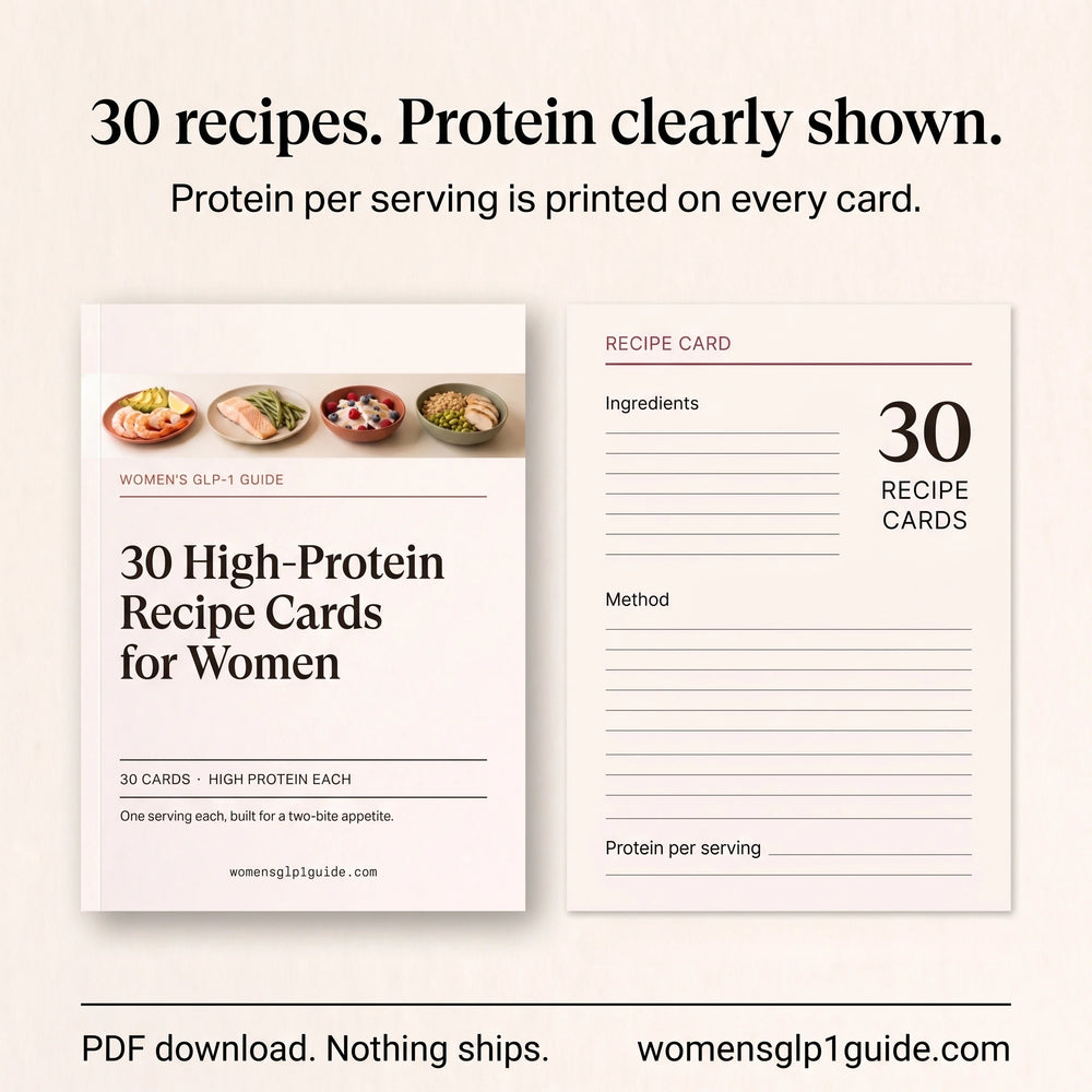 30 high-protein GLP-1 recipe cards, each printing the protein per serving on the card