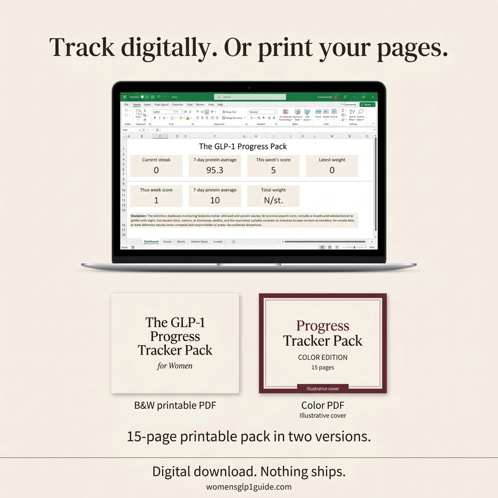 GLP-1 progress tracker in three formats: spreadsheet, colour printable PDF and black-and-white PDF