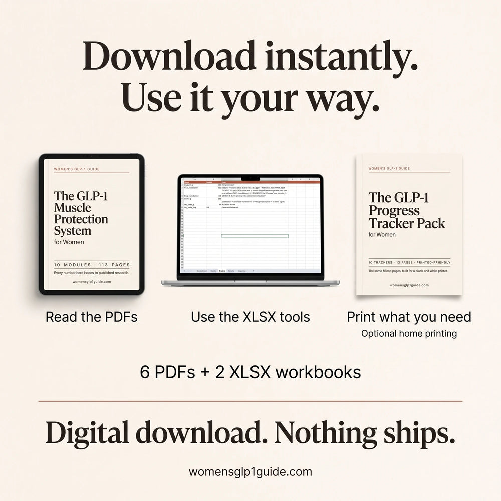 The GLP-1 diet plan bundle delivered as 6 PDFs and 2 XLSX workbooks, instant download