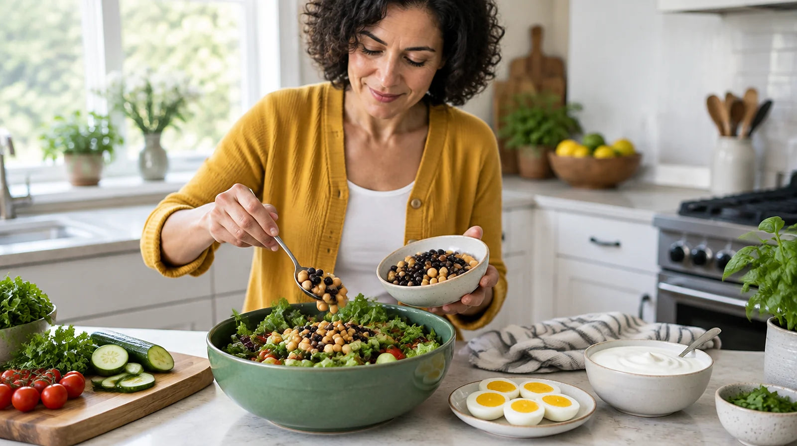 Woman preparing a high-protein lunch at home with eggs, Greek yogurt, beans, and salad