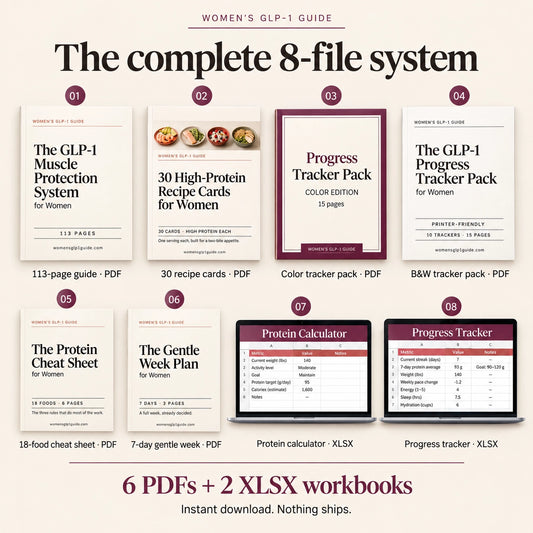 All 8 files in the GLP-1 diet plan bundle: 113-page guide, 30 recipe cards, trackers and protein calculator