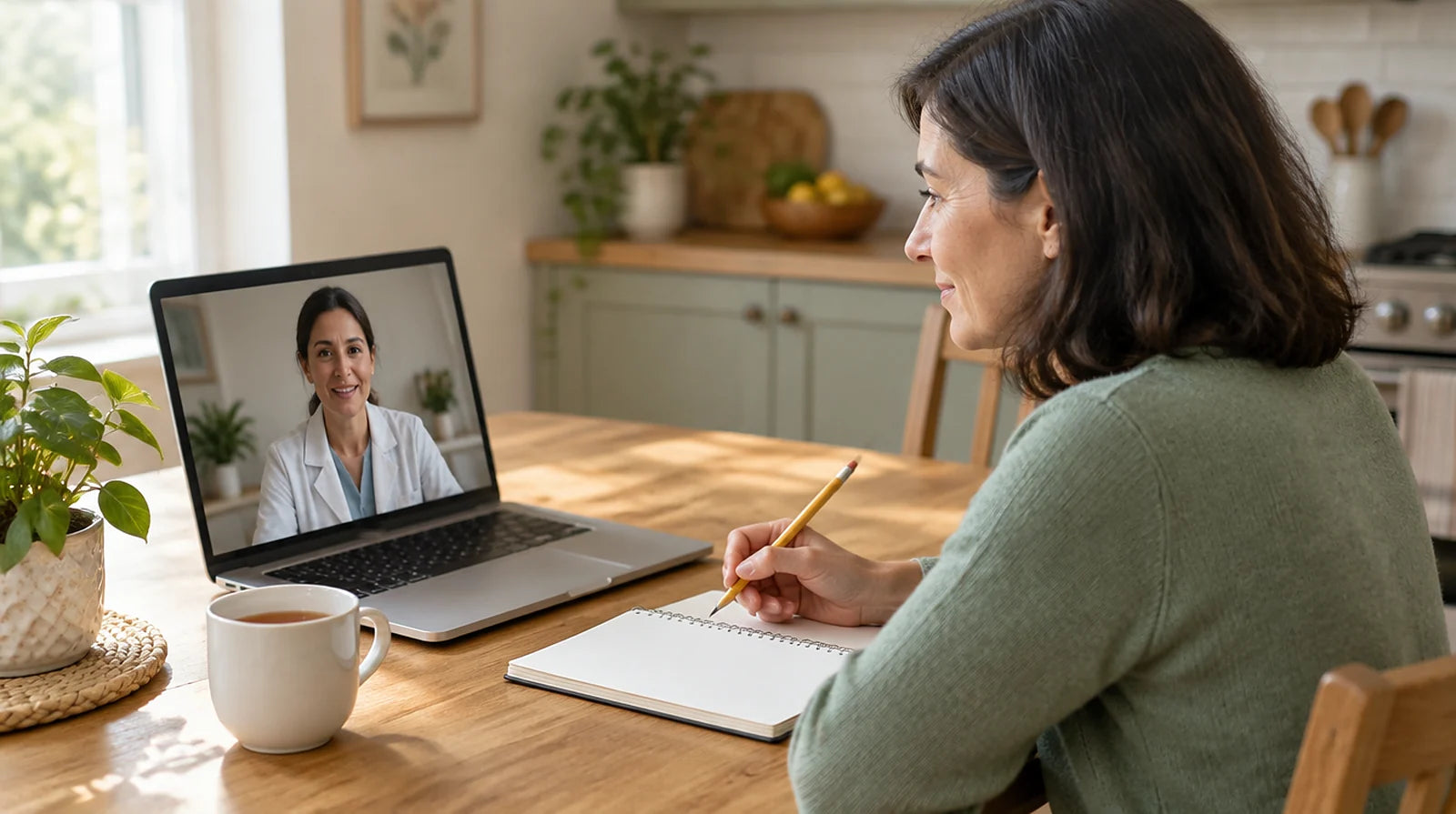 Woman at a sunny kitchen table taking notes on a notepad during a laptop video call with a clinician in a white coat